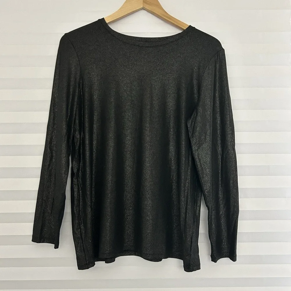 Chico's Top Size 2 Pullover Long Sleeve Black Shimmer Scoop Neck Stretch